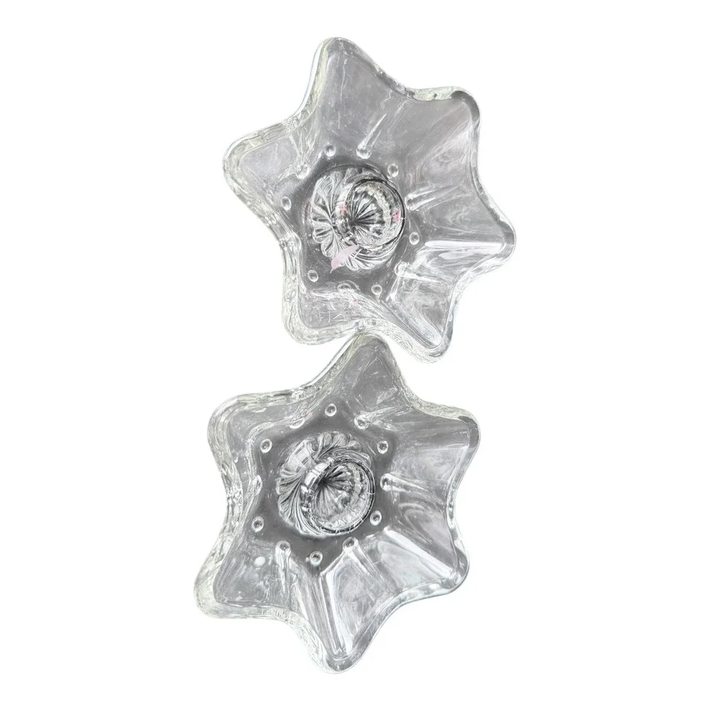 Vintage Star Glass Candle Holder Set Clear Scalloped Taper Holders 2pc Celestial